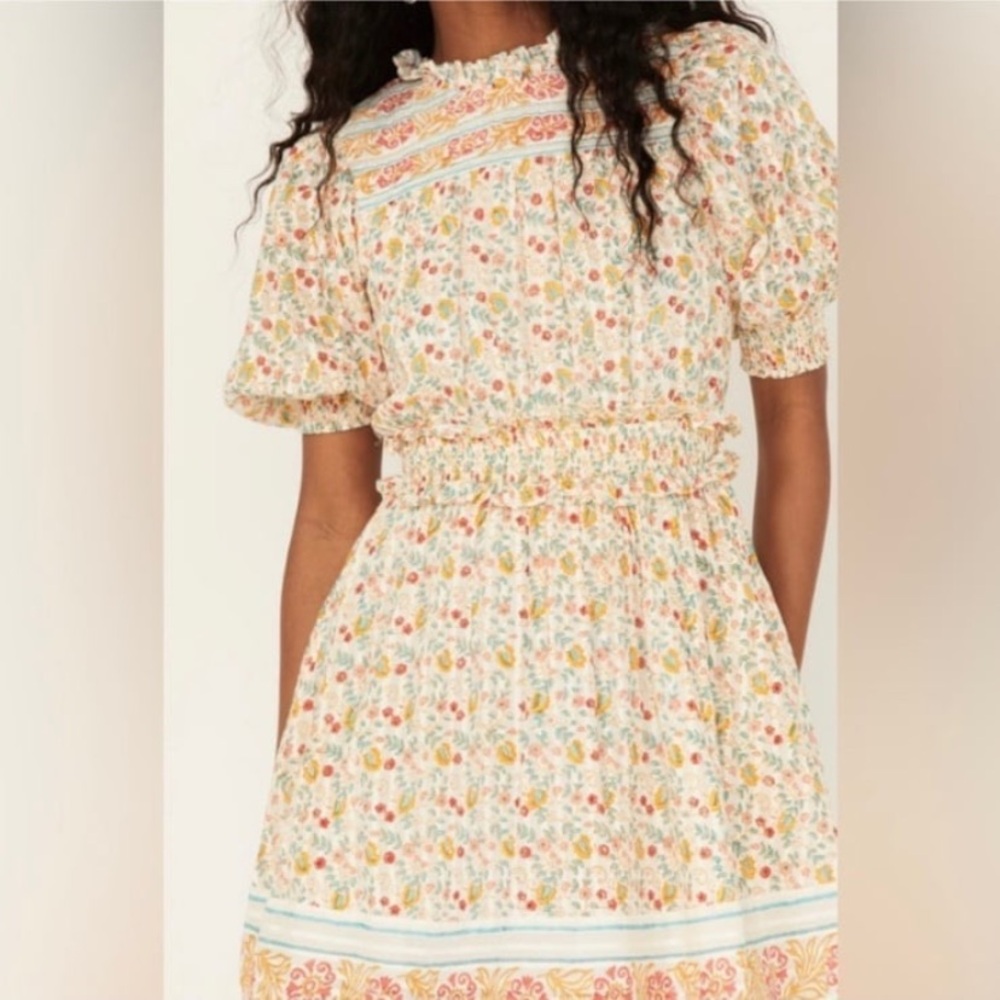 Cleobella Dallas Yellow Floral Print Open Smock Back Tasseled Mini Dress size M - Picture 2 of 9